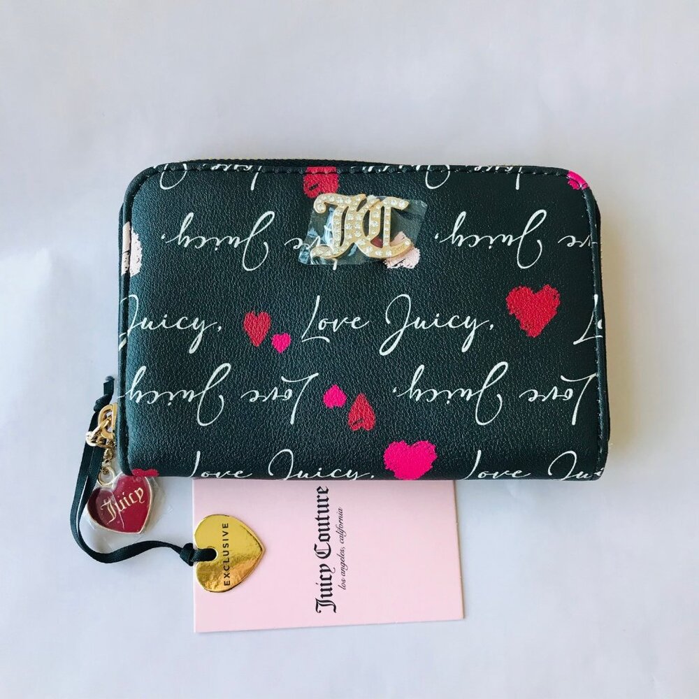 Juicy Couture Black V-Love Letter  Multi Compartment Zip Around Wallet - New